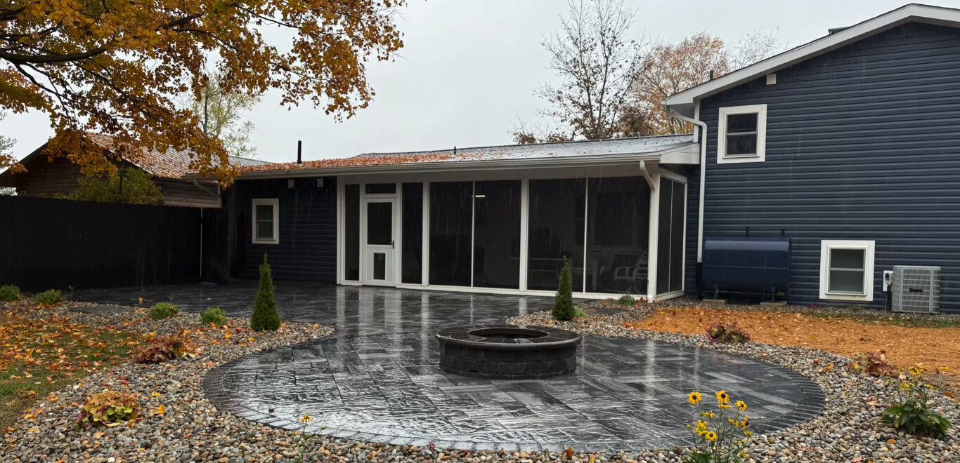Custom stamped concrete patio with fire pit in Bridgeport, CT
